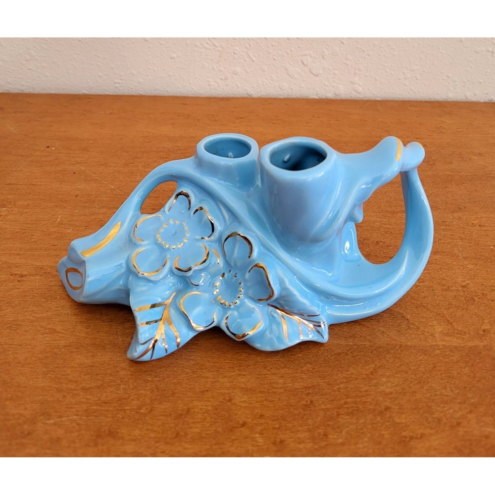 Vintage Pearl China Co. USA Blue Magnolia Candle Holder 22K Gold Accents #629